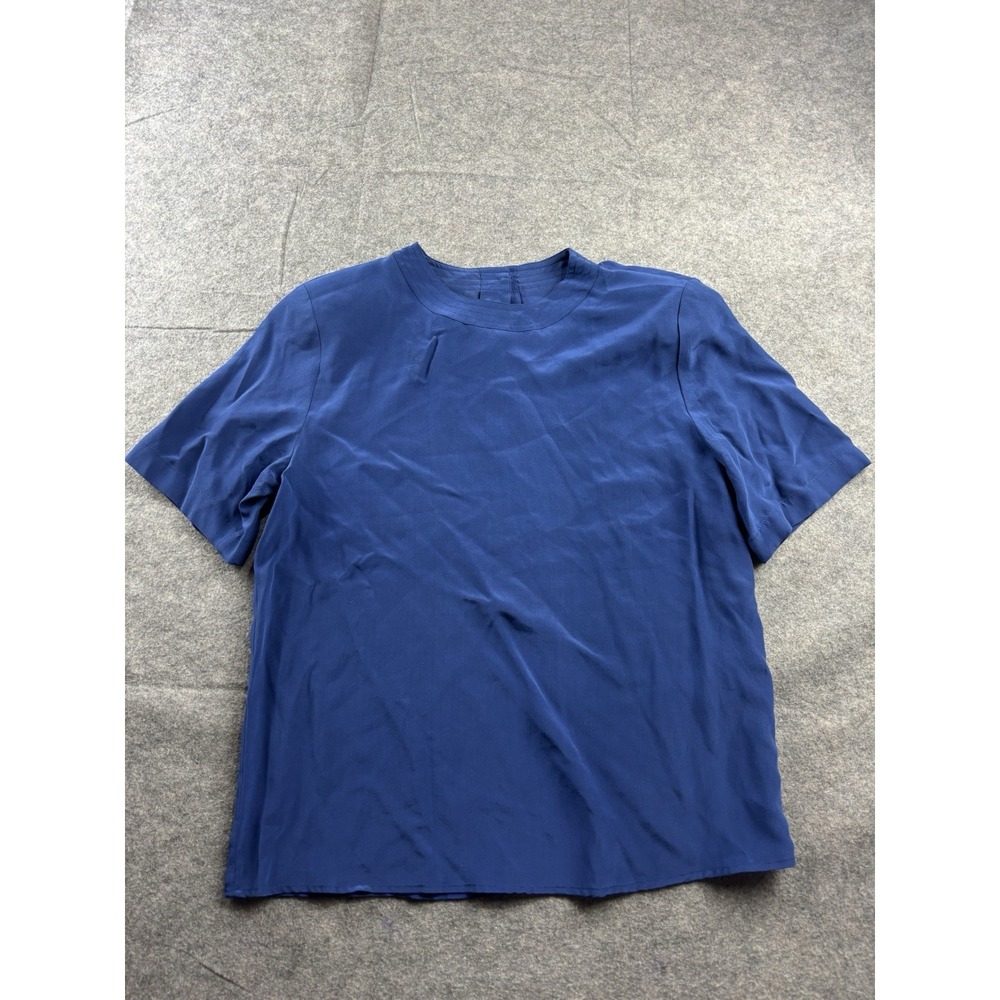 Talbots 100% Silk Blue Blouse Short Sleeve Button Back Womens 6 VTG Old money